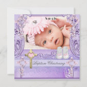 Taufe Pink Lilac Cross Girl Foto Christening Einladung (Vorderseite)