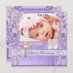 Taufe Pink Lilac Cross Girl Foto Christening Einladung