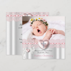 Taufe Pink Silber Foto Herz Kreuz Mädchen Einladung