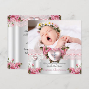 Taufe Pink Silber Foto Herz Kreuz Mädchen Rose 2 Einladung