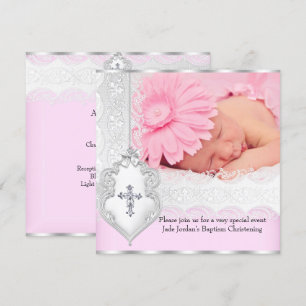 Taufe Pink Weiße Spitze Foto Juwel Kreuz Mädchen 3 Einladung