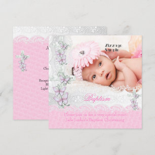 Taufe Pink Weiße Spitze Foto Schmetterling Kreuz M Einladung