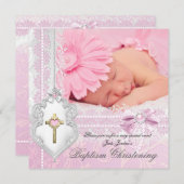 Taufe Pink White Lace Foto Pearl Cross Girl Einladung (Vorne/Hinten)