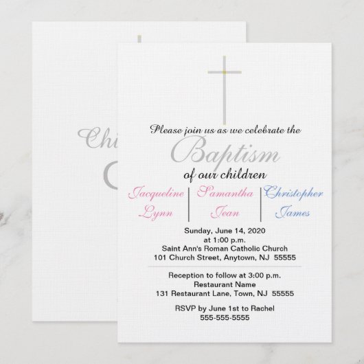 Taufe Rosa blaue Triplets Einladung (Vorne/Hinten)