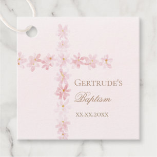 Taufe rosa Blume Aquarellfarben Kreuzfavorit Tags Geschenkanhänger