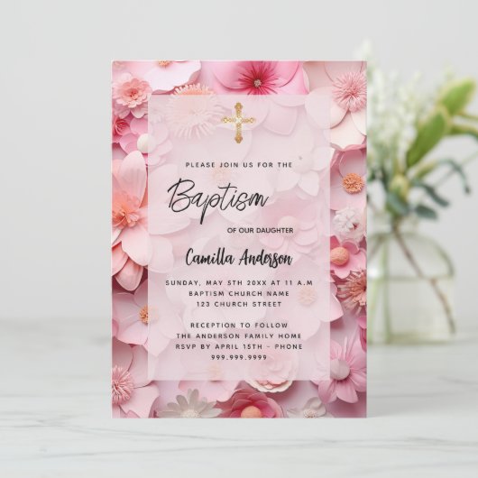 Taufe Rosa Blume Mädchen Einladung (Stehend Vorderseite)