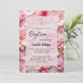 Taufe Rosa Blume Mädchen Luxus Einladung (Stehend Vorderseite)