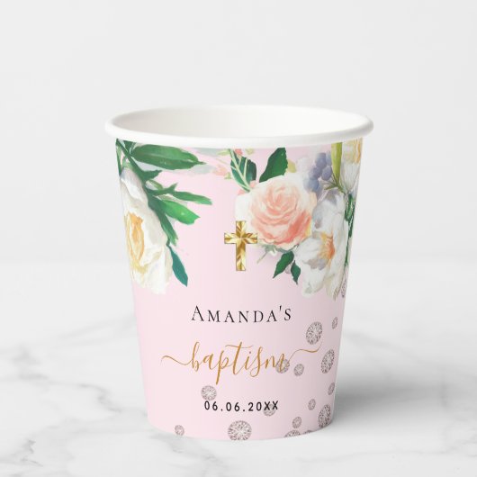 Taufe Rosa Blume Mädchen Pappbecher (Rückseite)