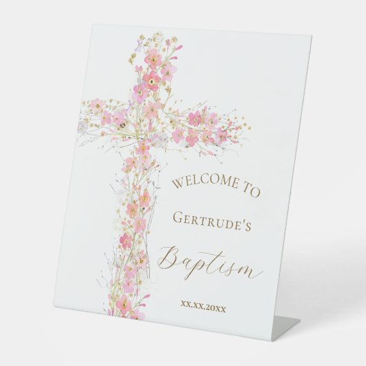 Taufe rosa Blume überqueren Begrüßungszeichen Sockelschild (Vorderseite)
