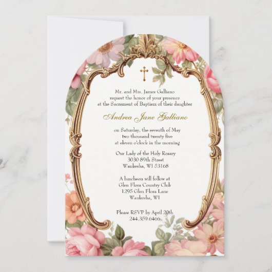 Taufe Rosa Blumenmutter Mary Jesus Gold Einladung (Vorderseite)