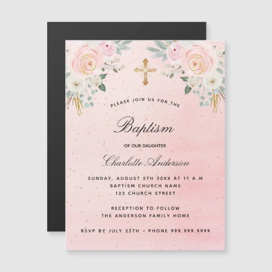 Taufe Rosa Blütenluxus Magneteinladung (Vorne/Hinten)