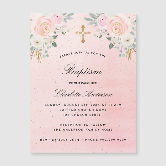 Taufe Rosa Blütenluxus Magneteinladung (Vorderseite)