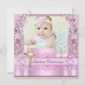 Taufe Rosa Cross Girl Foto Christening Shoes Einladung (Vorderseite)