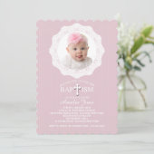 Taufe Rosa Foto Einladung (Stehend Vorderseite)