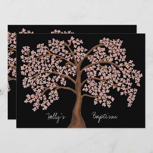 Taufe Rosa Kirschblossom Baumgemälde Einladung (Vorne/Hinten)