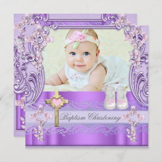 Taufe Rosa Lila Cross Girl Foto Christening Einladung (Vorne/Hinten)
