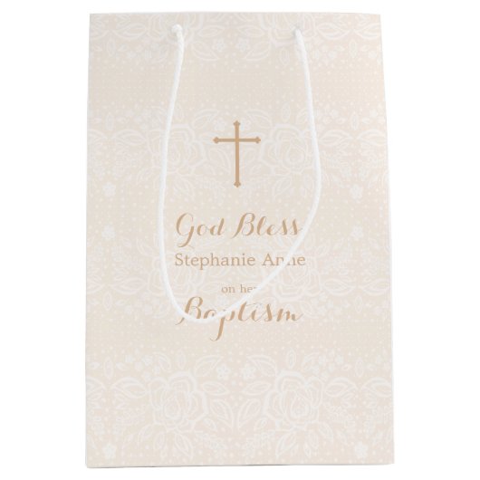 Taufe Rosa Rosa Blütenleine Mittlere Geschenktüte (Vorderseite)