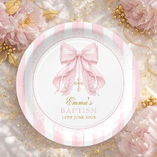 Taufe Rosa Schleife Baby Mädchen Pappteller