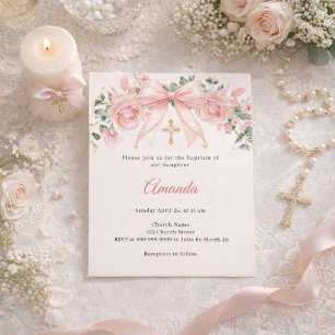 Taufe Rosa Schleife Elfenbein Blumen Kreuz Einladu
