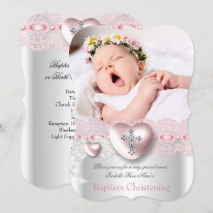 Taufe Rosa Silber Foto Herz Kreuz Mädchen Einladung