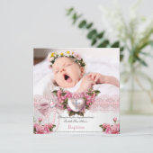 Taufe Rosa Silber Foto Herzkreuz Girl Rose 4 Einladung (Stehend Vorderseite)