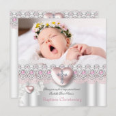 Taufe Rosa Silberes Foto Herzkreuz Perlmuschel Einladung (Vorne/Hinten)