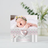 Taufe Rosa Silberes Foto Herzkreuz Perlmuschel Einladung (Stehend Vorderseite)