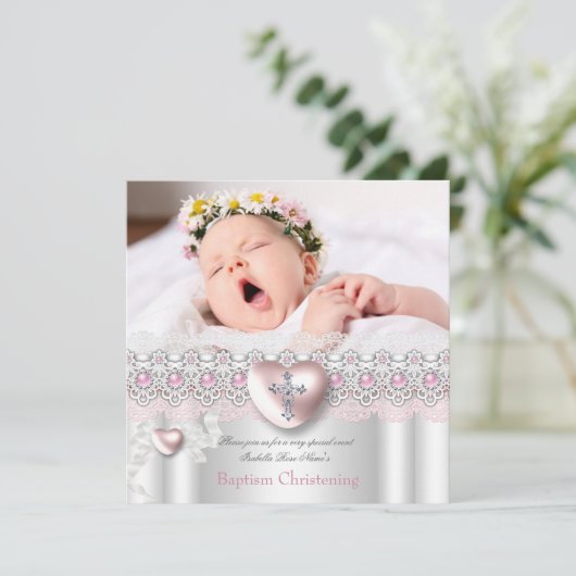 Taufe Rosa Silberes Foto Herzkreuz Perlmuschel Einladung (Stehend Vorderseite)