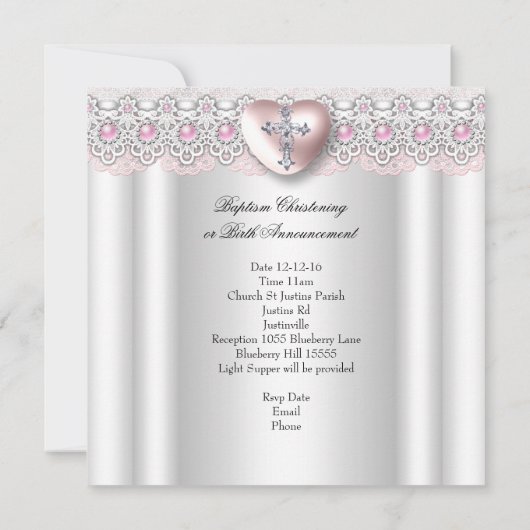 Taufe Rosa Silberes Foto Herzkreuz Perlmuschel Einladung (Rückseite)