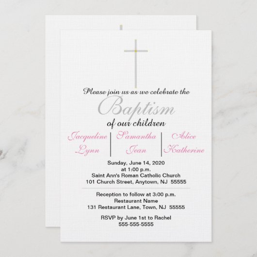 Taufe Rosa Triplets Einladung (Vorne/Hinten)