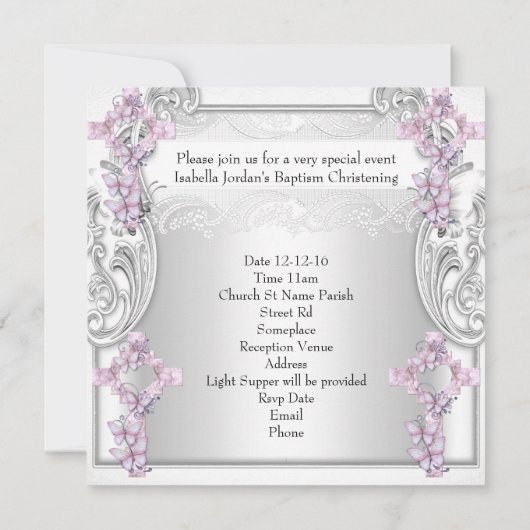 Taufe Rosa Weißes Kreuz Foto Christening Einladung (Rückseite)