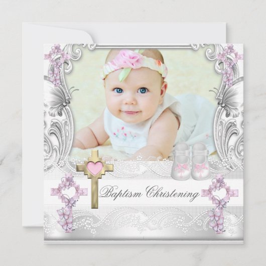 Taufe Rosa Weißes Kreuz Foto Christening Einladung (Vorderseite)