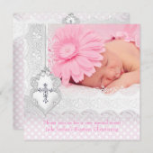 Taufe-rosa weißes Spitze-Foto-Juwel-Kreuz-Mädchen Einladung (Vorne/Hinten)