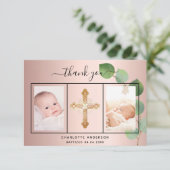 Taufe Rose Gold Eukalyptus Foto Dankeschön Karte (Stehend Vorderseite)