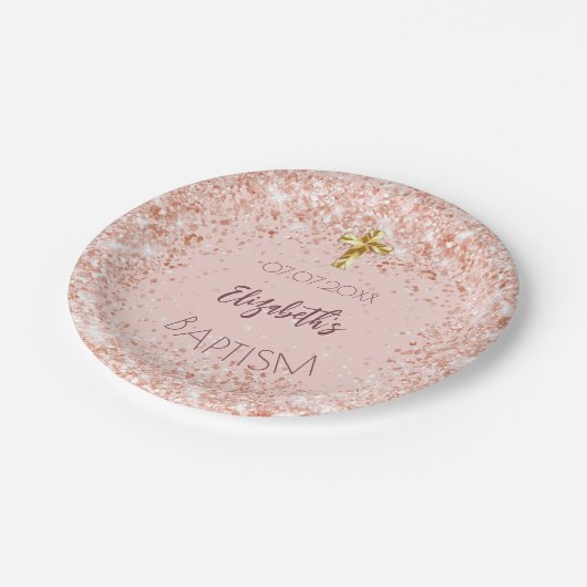 Taufe Rose Gold Konfetti Mädchenname Pappteller (Schrägansicht)