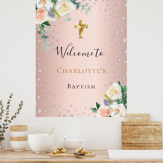 Taufe Rose Gold Rosa Blume Mädchen willkommen Poster (Küche)