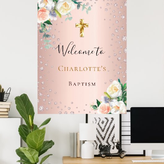 Taufe Rose Gold Rosa Blume Mädchen willkommen Poster (Heimbüro)