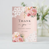 Taufe Rose Gold rosa Blumenkreuz Dankeskarte (Stehend Vorderseite)