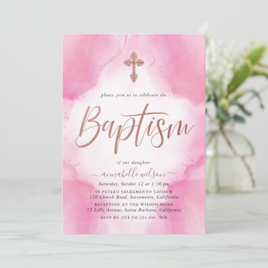 Taufe Rose Gold und Rosa Wasserfarben Girl Einladung (Stehend Vorderseite)