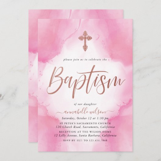 Taufe Rose Gold und Rosa Wasserfarben Girl Einladung (Vorne/Hinten)