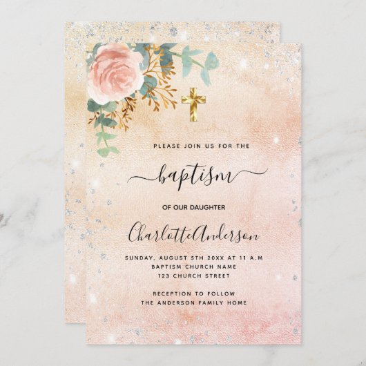 Taufe Rose Goldblume Eukalyptus Silberfunkel Einladung (Vorne/Hinten)