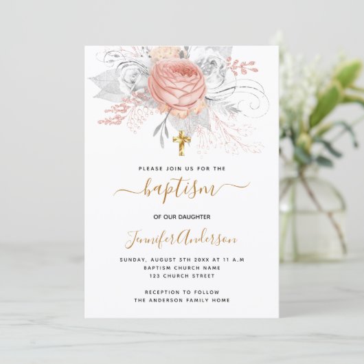 Taufe Rose Goldflorchen Mädchen elegant weiß Einladung (Stehend Vorderseite)