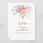 Taufe Rose Goldflorchen Mädchen elegant weiß Einladung (Vorne/Hinten)