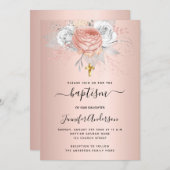 Taufe Rose Goldflorchen Mädchen Metall elegant Einladung (Vorne/Hinten)