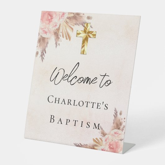 Taufe Rose Rose Pampas Gras Kreuz Begrüßung Sockelschild (Vorderseite)