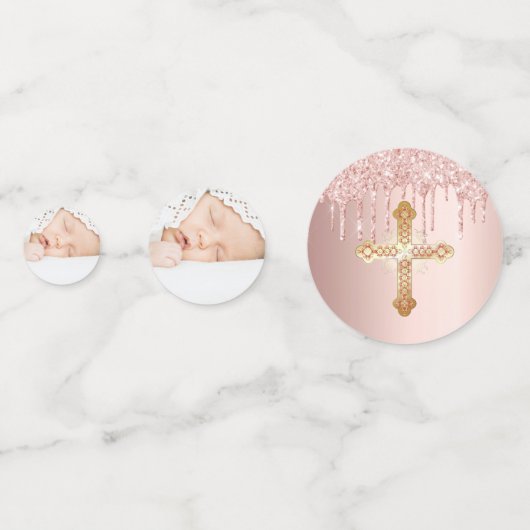 Taufe Rose rot Gold Tropfen Foto Konfetti (Rückseiten)