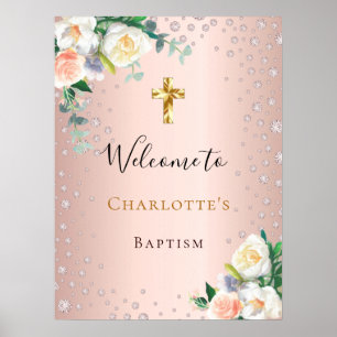 Taufe roségoldene rosa Blumen Mädchen Willkommen Poster