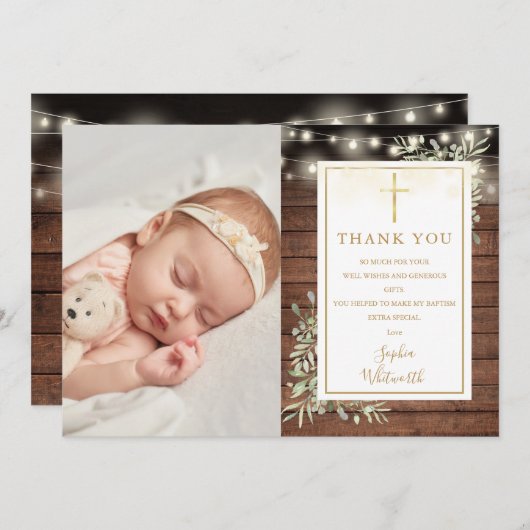 Taufe Rustikales String Lights Grüne Foto Dankeskarte (Vorne/Hinten)