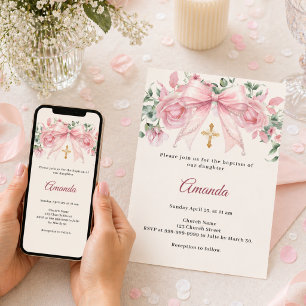 Taufe Schleife Rosa Creme Blumen Mädchen Kreuz Einladung