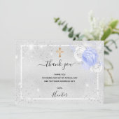 Taufe silber Glitzer blauen Blumen Foto Junge Dankeskarte (Stehend Vorderseite)